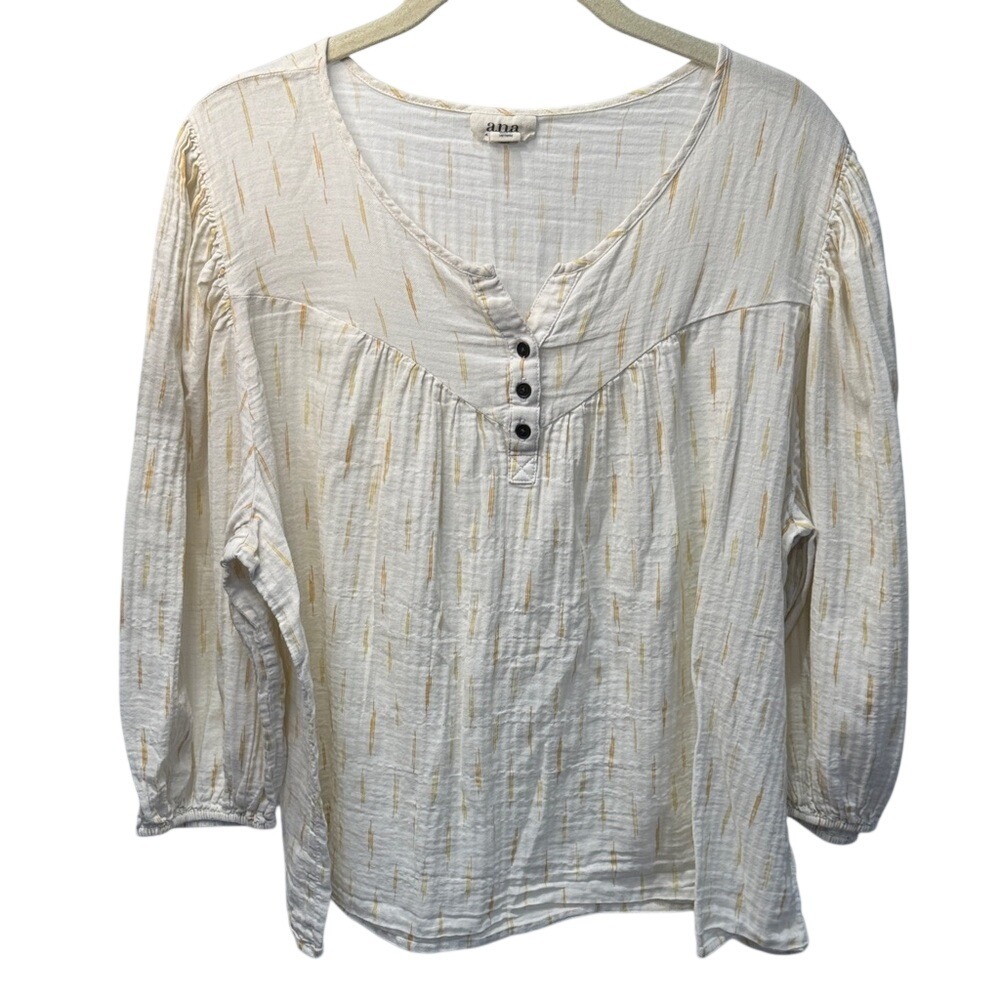 ANA A New Approach Womens XXL Gauze Blouse Cream Yellow Dash Print Henley Top‎